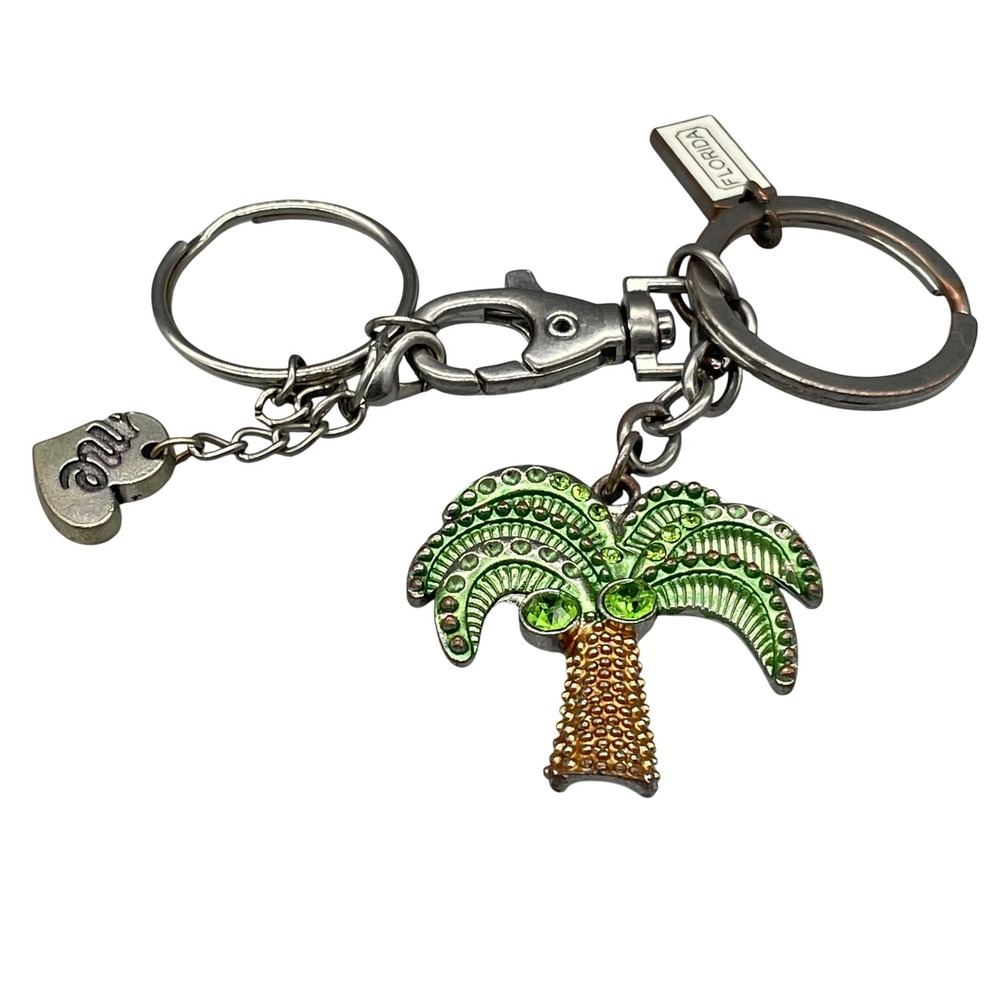Florida Souvenir Keychain Green Rhinestone Palm Tree Heart Charm Silver Tone